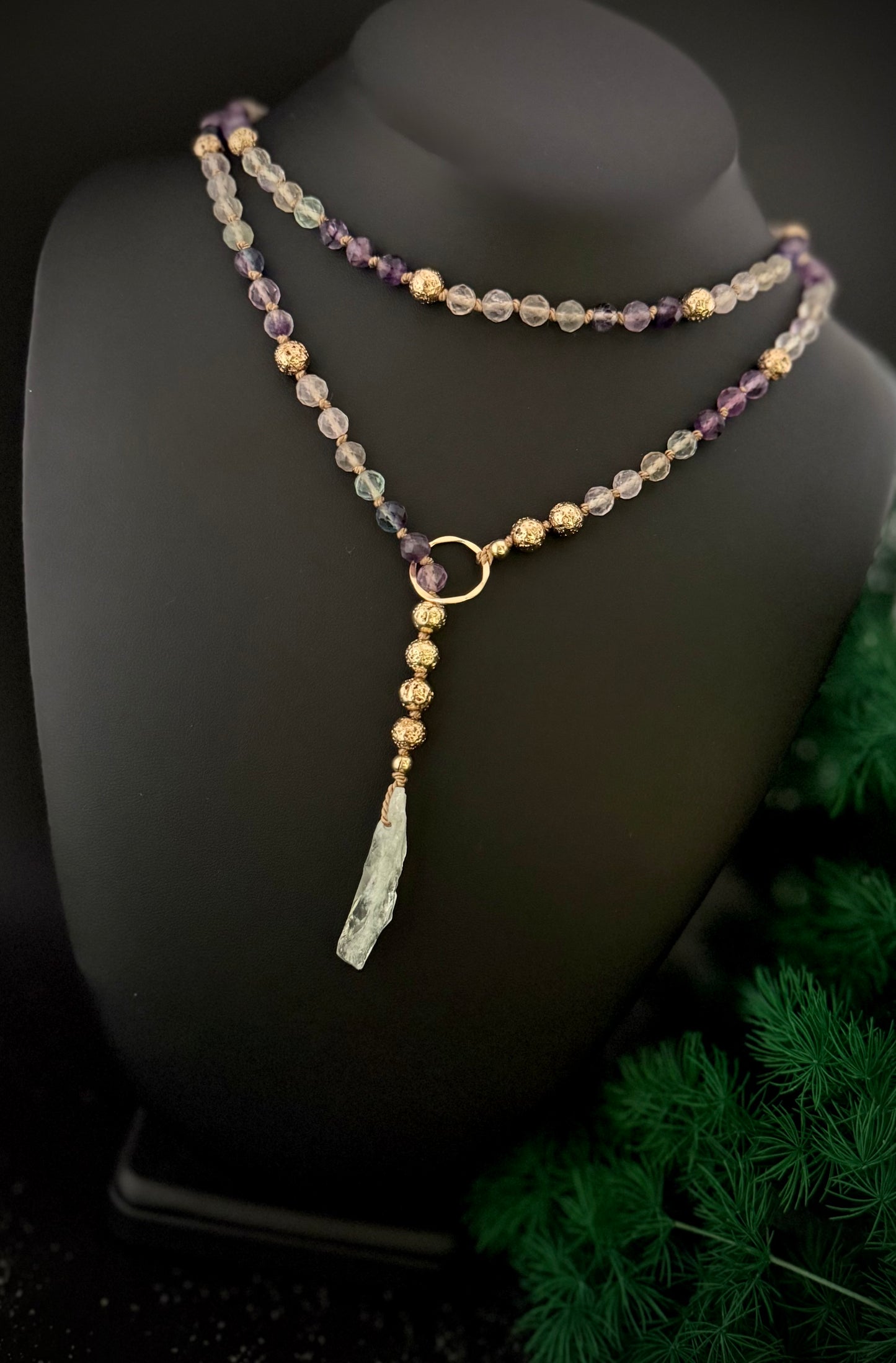 Thynise: Celestial Rainbow Fluorite + Raw Prasiolite Pale Green Amethyst Lariat Necklace – 36” Faceted Luxury & 14k Gold + Lava Stone