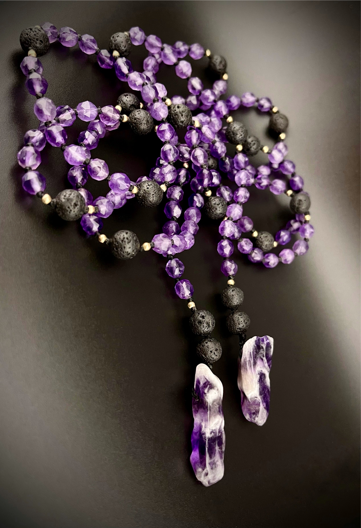 Revayah: Ethereal Chevron Amethyst Lariat Necklace – 52” Faceted Luxury & 14k Gold + Black Lava Stone