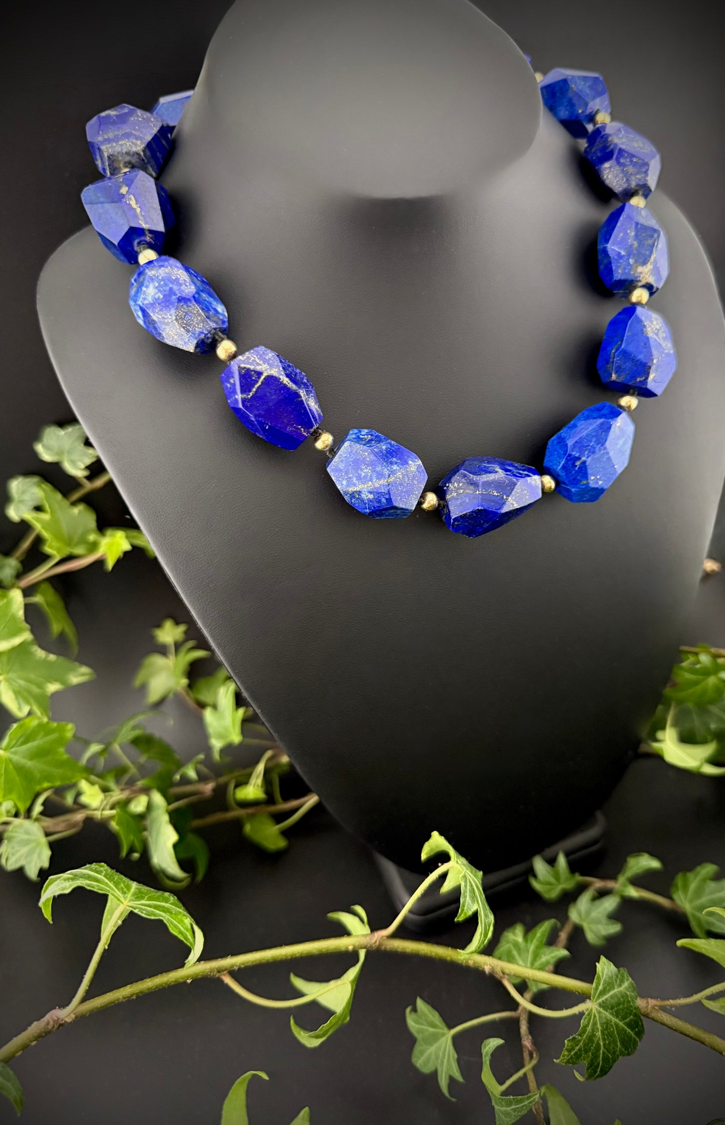 Calliope:  Lapis Lazuli Facet Choker Necklace, 16” Muse of Truth + 14k Gold Accents
