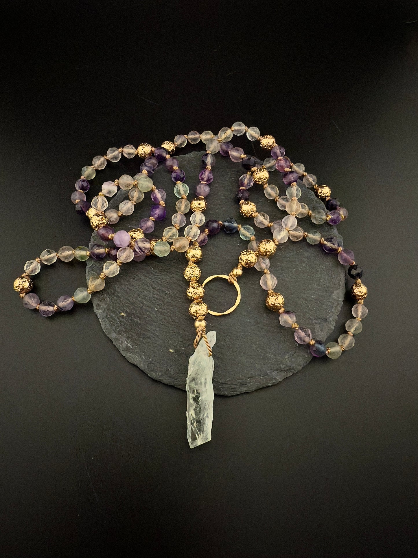 Thynise:  Celestial Rainbow Fluorite + Raw Prasiolite Pale Green Amethyst Lariat Necklace – 36” Faceted Luxury & 14k Gold + Lava Stone