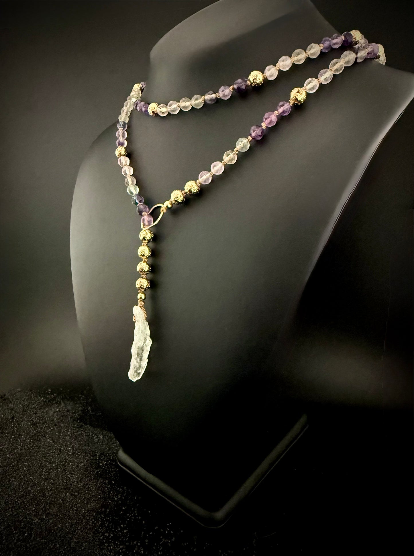 Thynise:  Celestial Rainbow Fluorite + Raw Prasiolite Pale Green Amethyst Lariat Necklace – 36” Faceted Luxury & 14k Gold + Lava Stone