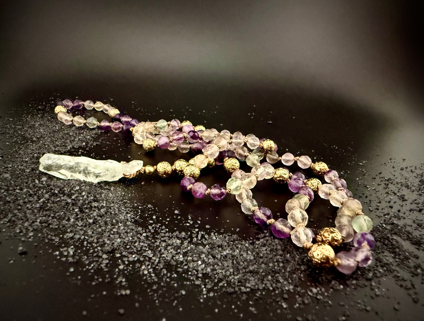 Thynise:  Celestial Rainbow Fluorite + Raw Prasiolite Pale Green Amethyst Lariat Necklace – 36” Faceted Luxury & 14k Gold + Lava Stone