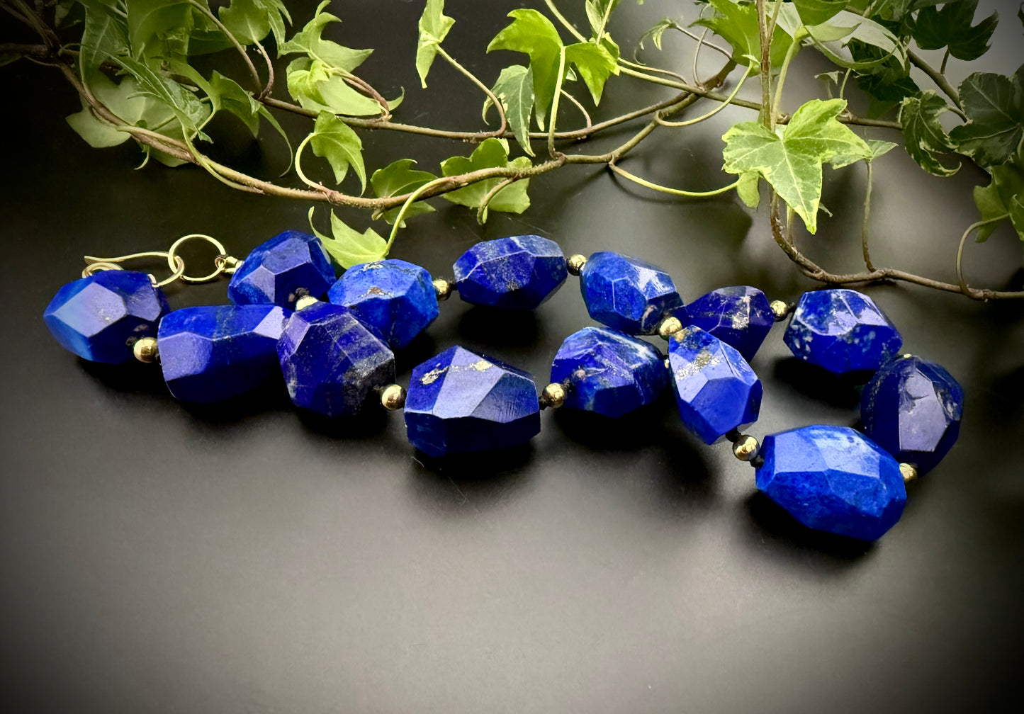 Calliope:  Lapis Lazuli Facet Choker Necklace, 16” Muse of Truth + 14k Gold Accents