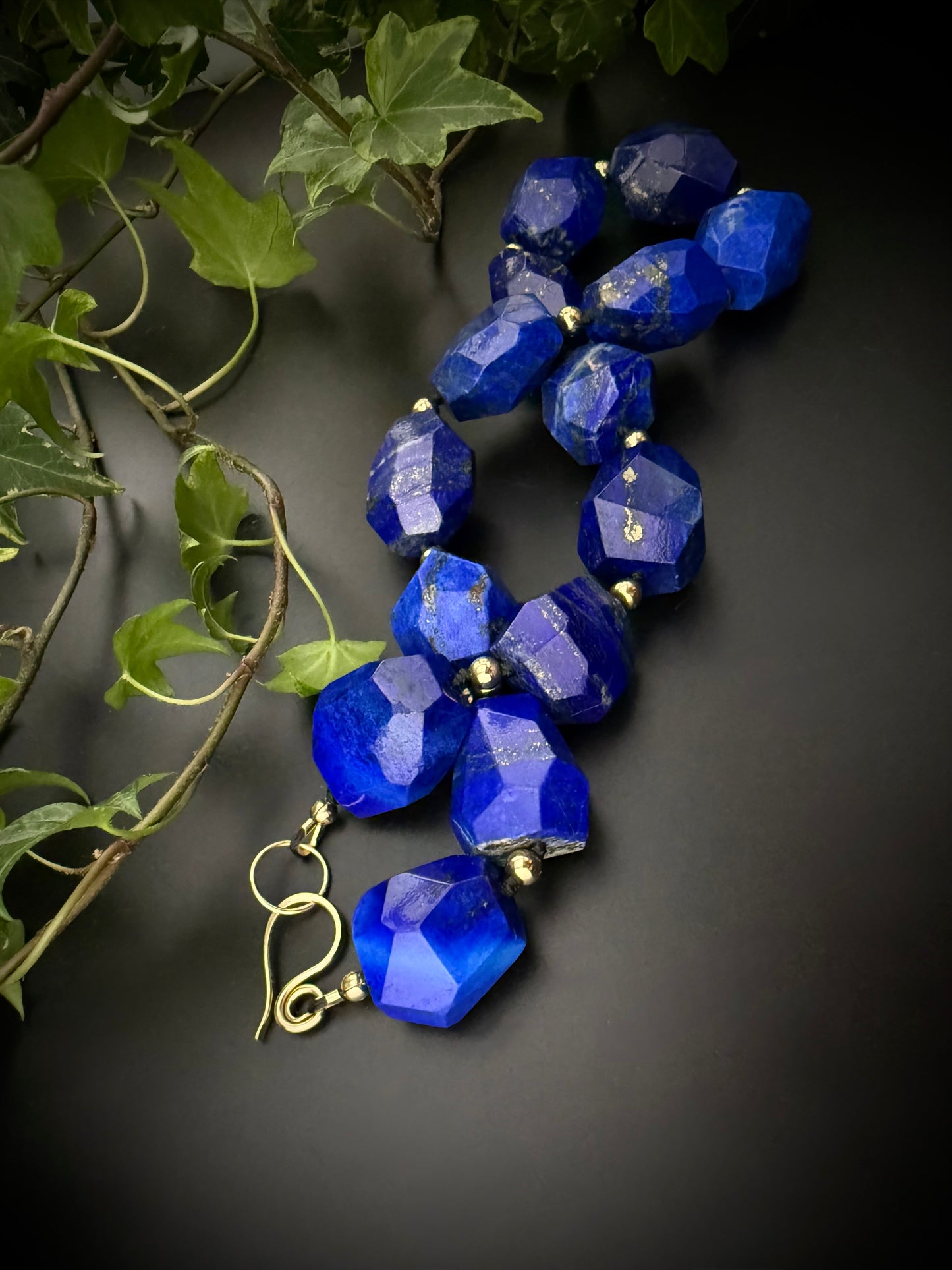 Calliope:  Lapis Lazuli Facet Choker Necklace, 16” Muse of Truth + 14k Gold Accents