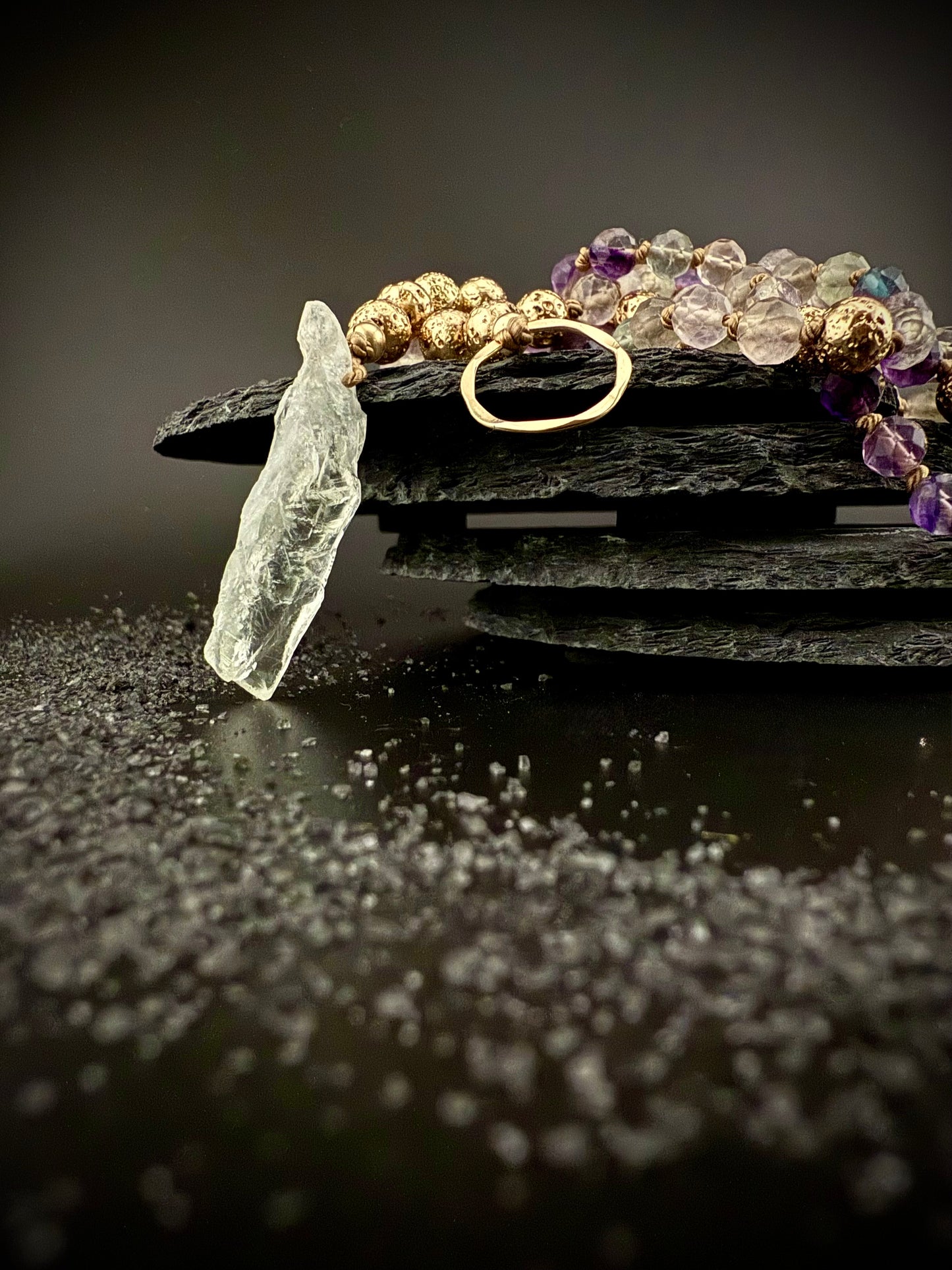 Thynise:  Celestial Rainbow Fluorite + Raw Prasiolite Pale Green Amethyst Lariat Necklace – 36” Faceted Luxury & 14k Gold + Lava Stone