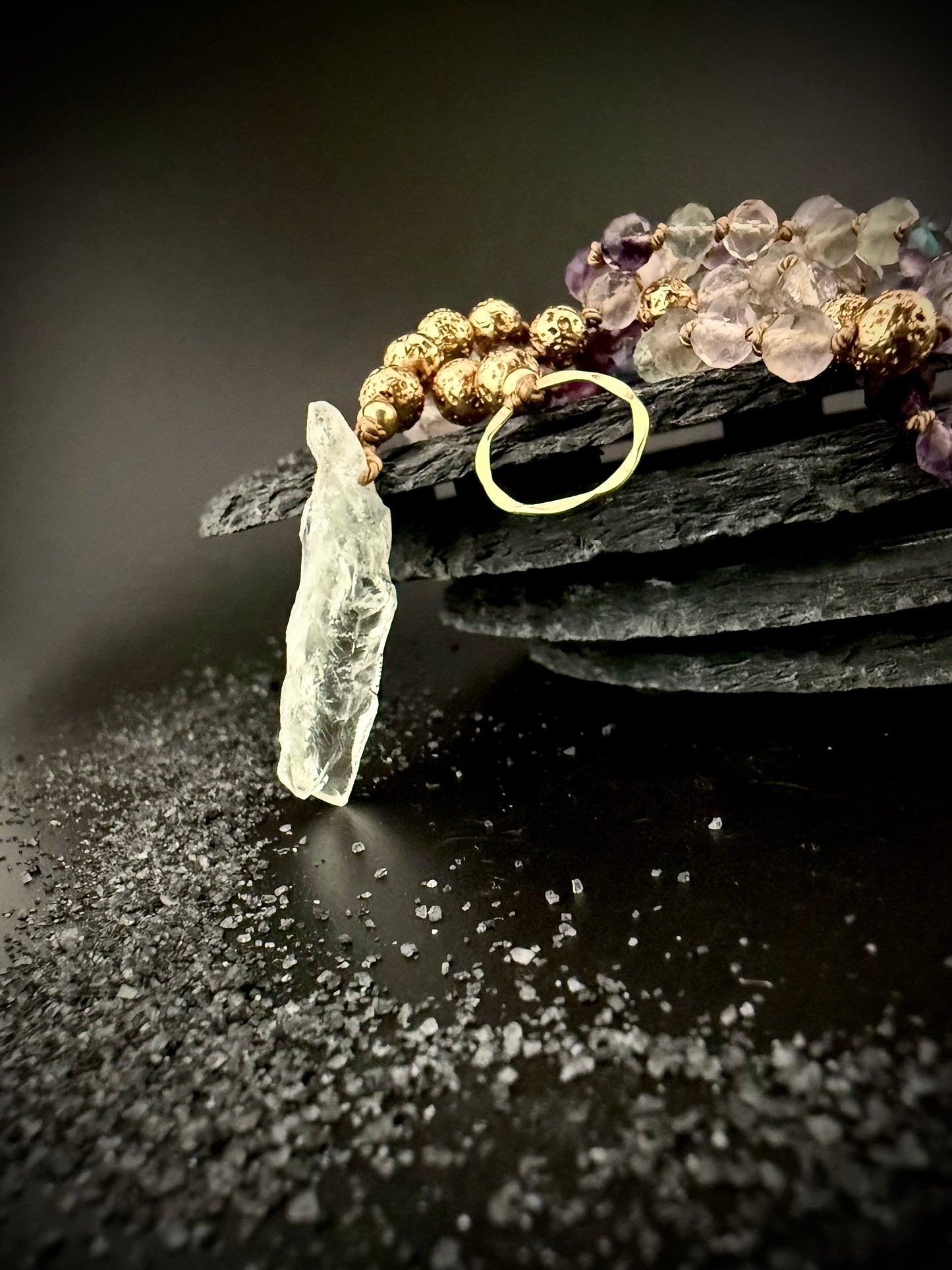 Thynise:  Celestial Rainbow Fluorite + Raw Prasiolite Pale Green Amethyst Lariat Necklace – 36” Faceted Luxury & 14k Gold + Lava Stone