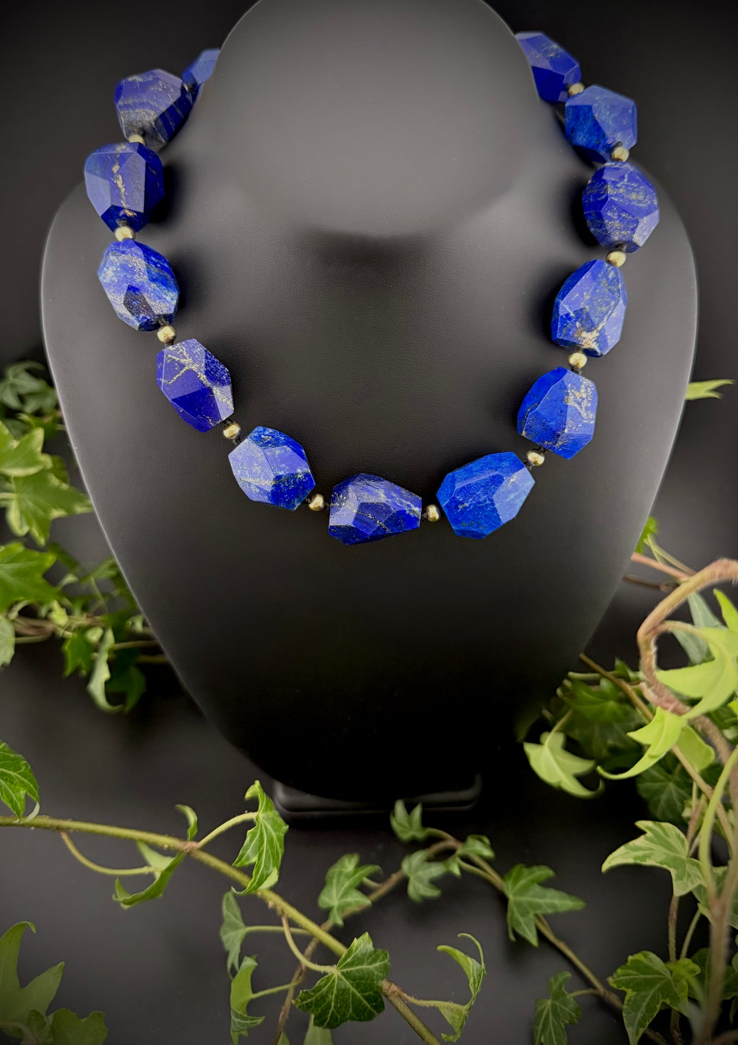 Calliope:  Lapis Lazuli Facet Choker Necklace, 16” Muse of Truth + 14k Gold Accents