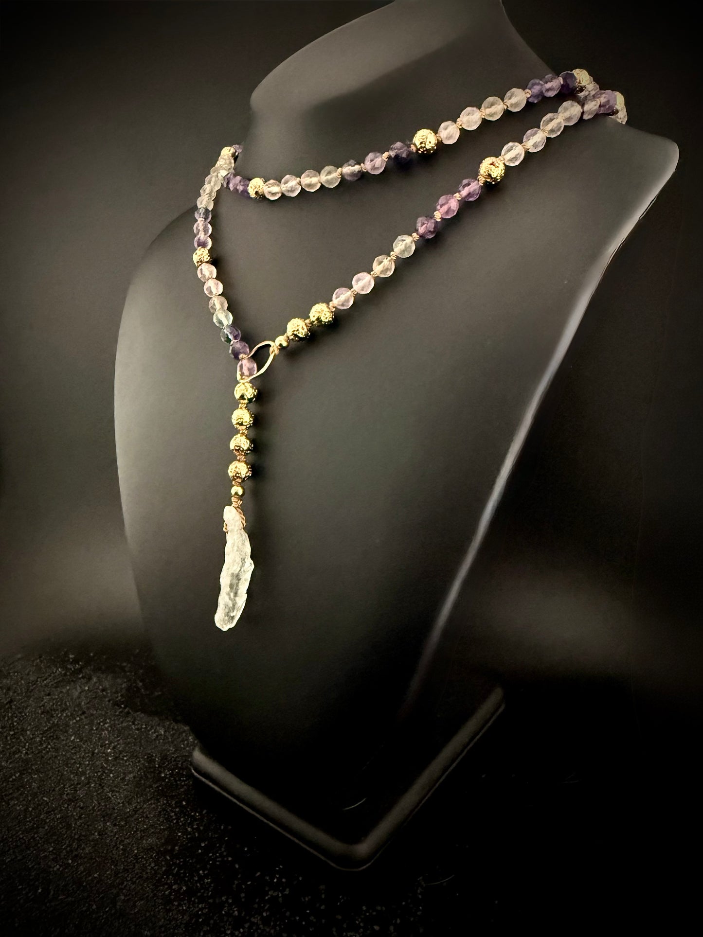 Thynise:  Celestial Rainbow Fluorite + Raw Prasiolite Pale Green Amethyst Lariat Necklace – 36” Faceted Luxury & 14k Gold + Lava Stone