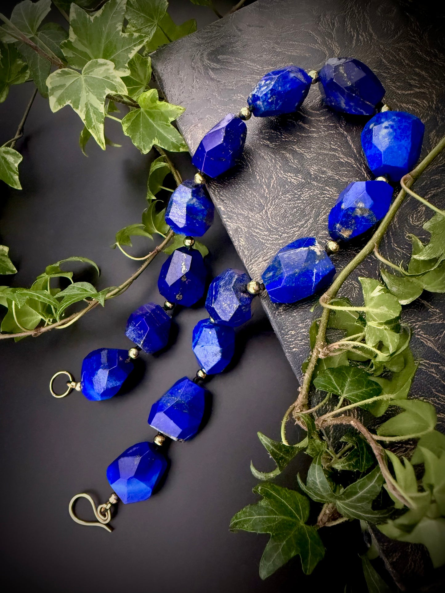 Calliope:  Lapis Lazuli Facet Choker Necklace, 16” Muse of Truth + 14k Gold Accents