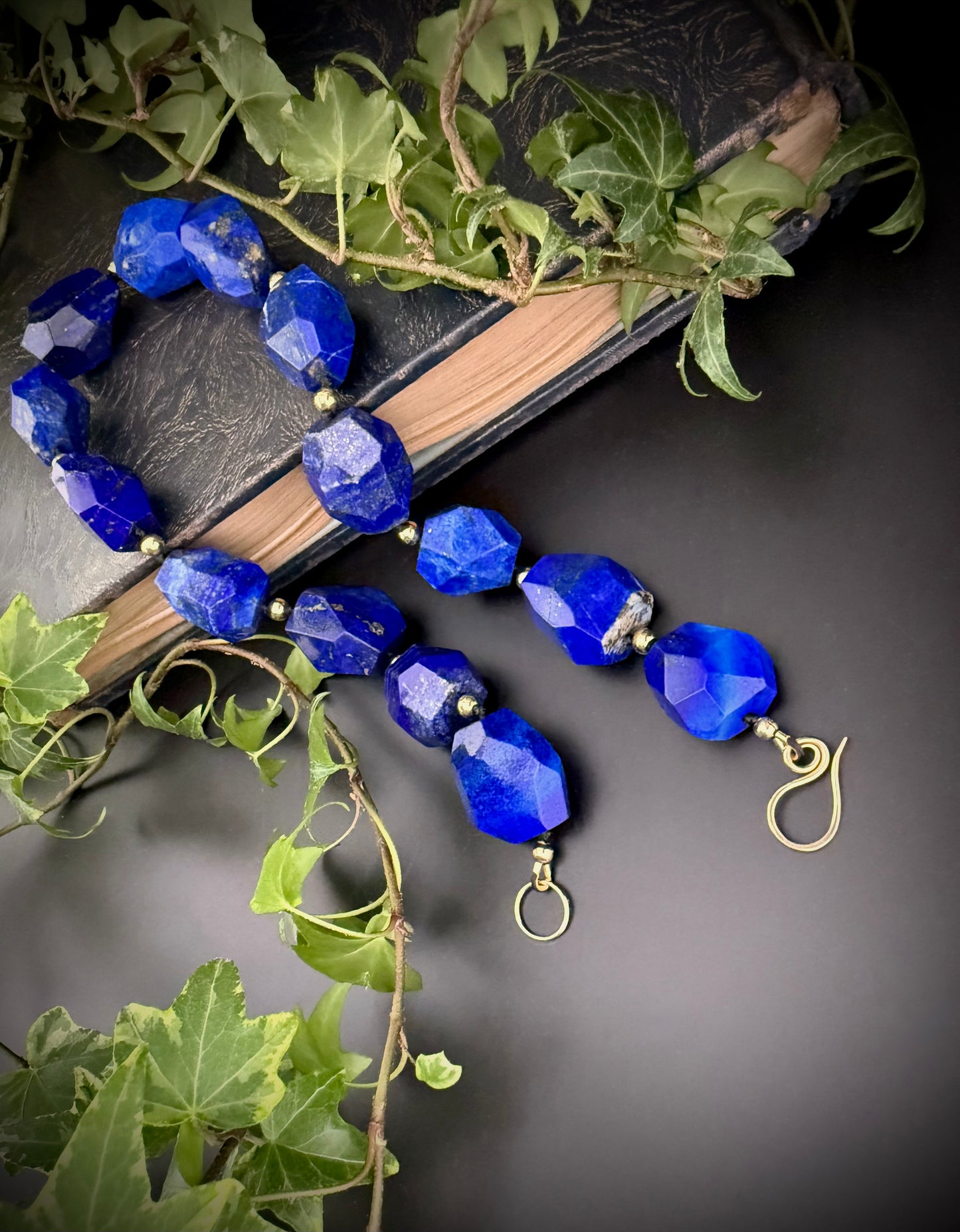 Calliope:  Lapis Lazuli Facet Choker Necklace, 16” Muse of Truth + 14k Gold Accents