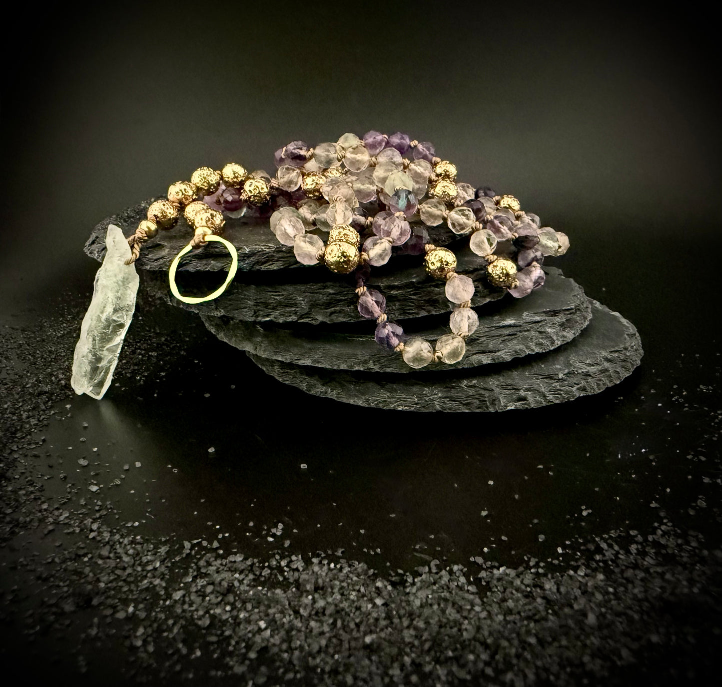 Thynise:  Celestial Rainbow Fluorite + Raw Prasiolite Pale Green Amethyst Lariat Necklace – 36” Faceted Luxury & 14k Gold + Lava Stone