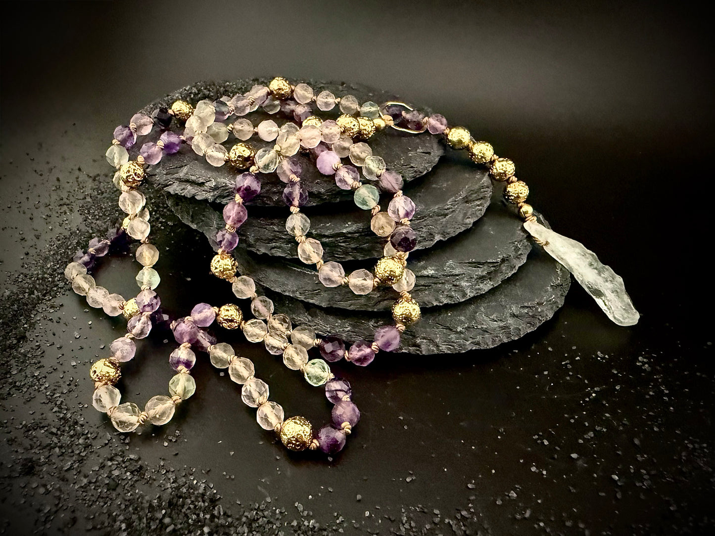 Thynise:  Celestial Rainbow Fluorite + Raw Prasiolite Pale Green Amethyst Lariat Necklace – 36” Faceted Luxury & 14k Gold + Lava Stone