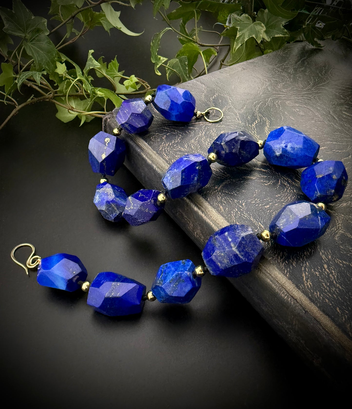 Calliope:  Lapis Lazuli Facet Choker Necklace, 16” Muse of Truth + 14k Gold Accents