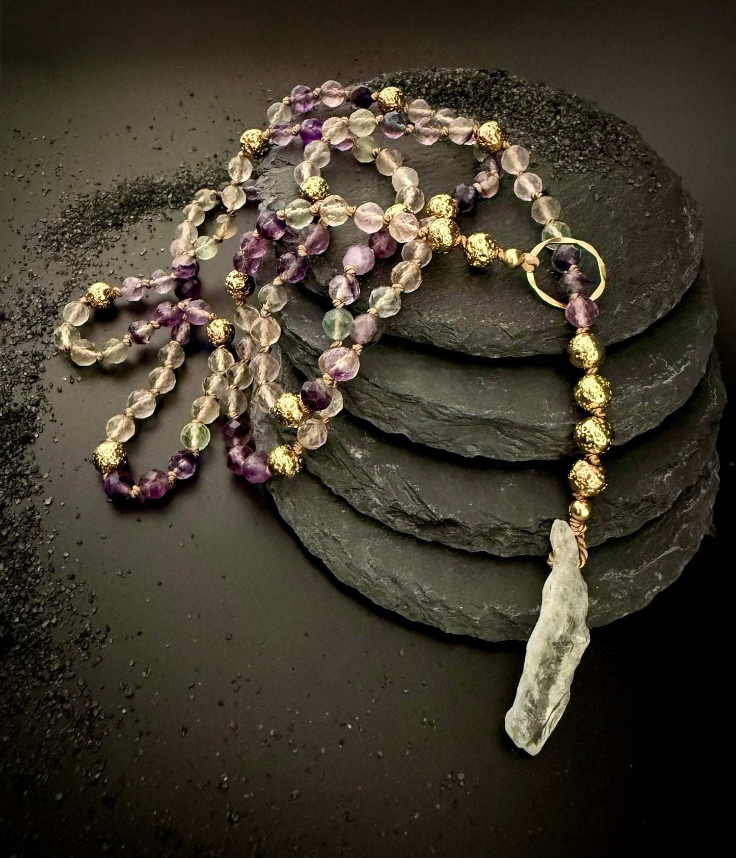 Thynise:  Celestial Rainbow Fluorite + Raw Prasiolite Pale Green Amethyst Lariat Necklace – 36” Faceted Luxury & 14k Gold + Lava Stone