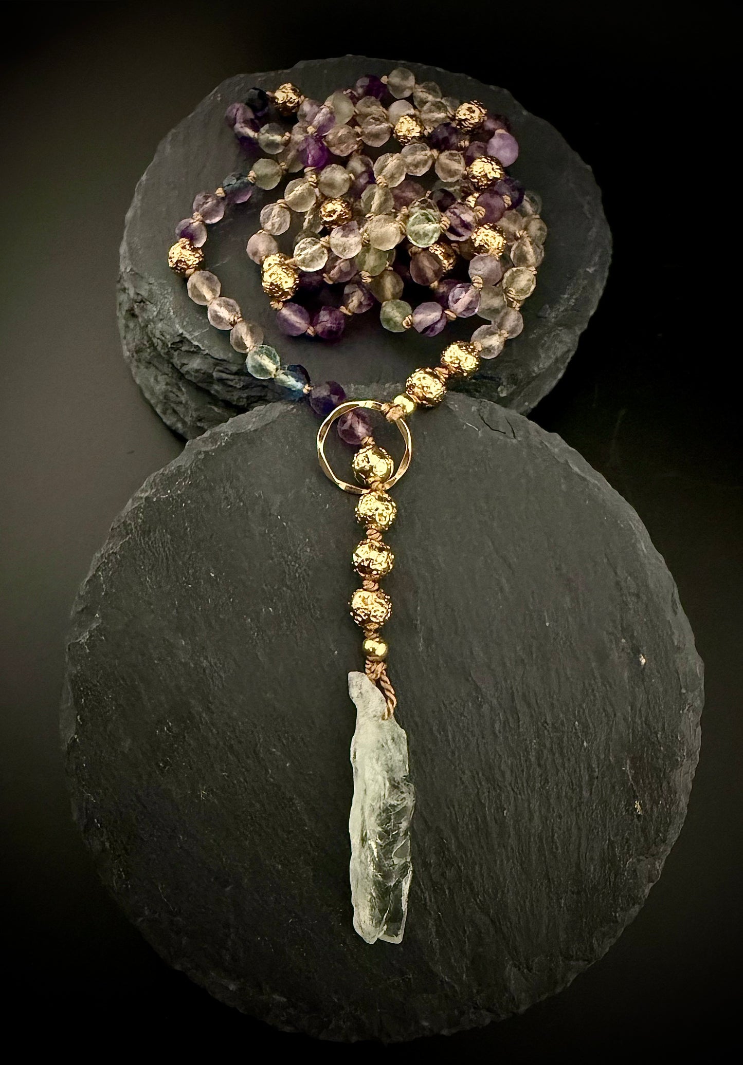 Thynise:  Celestial Rainbow Fluorite + Raw Prasiolite Pale Green Amethyst Lariat Necklace – 36” Faceted Luxury & 14k Gold + Lava Stone