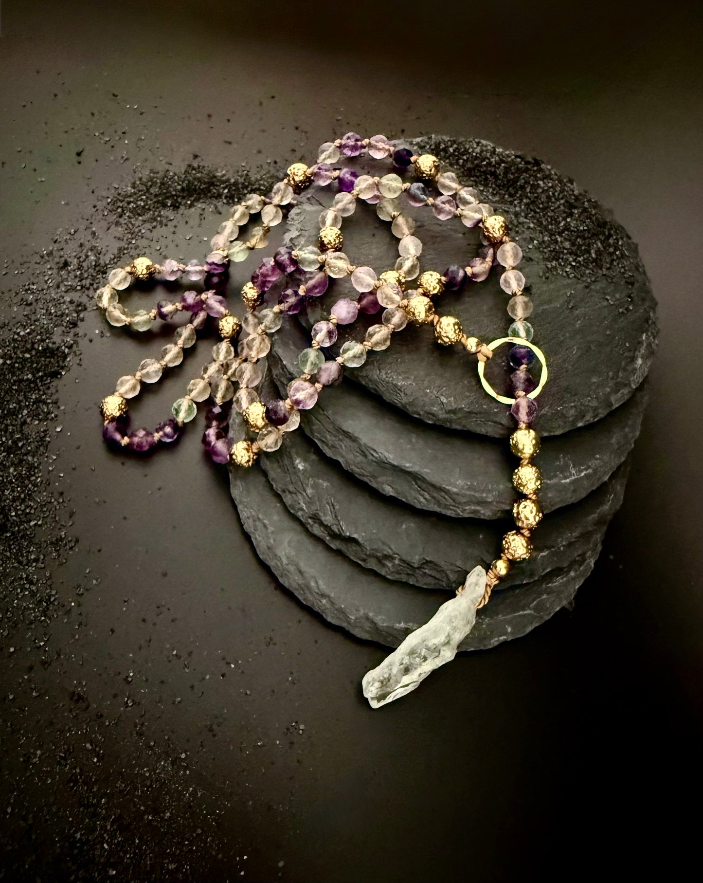 Thynise:  Celestial Rainbow Fluorite + Raw Prasiolite Pale Green Amethyst Lariat Necklace – 36” Faceted Luxury & 14k Gold + Lava Stone